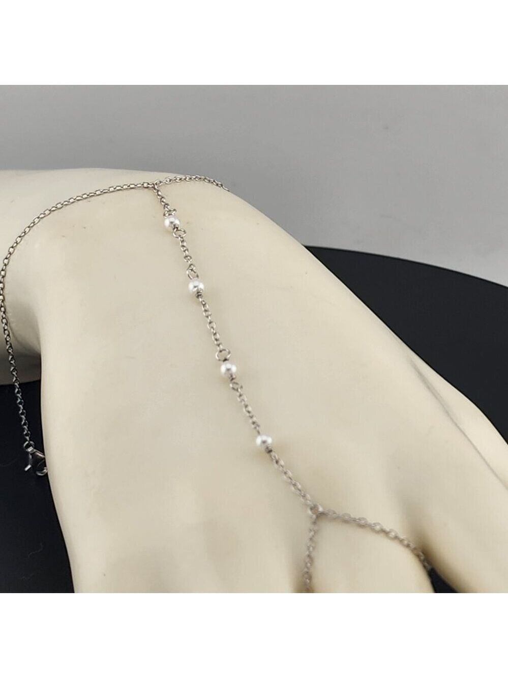 Sterling Silver 925 White Beaded Hand Bracelet with Ring - Picture 3 of 11